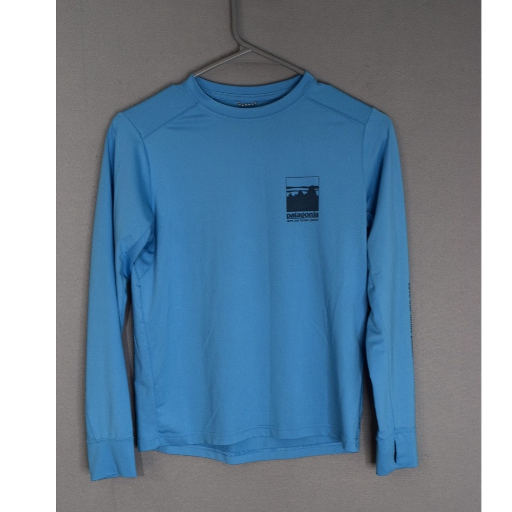 Patagonia Capilene Silkweight Large 12 Blue Long Sleeve Shirt Kids Hiking Layer
